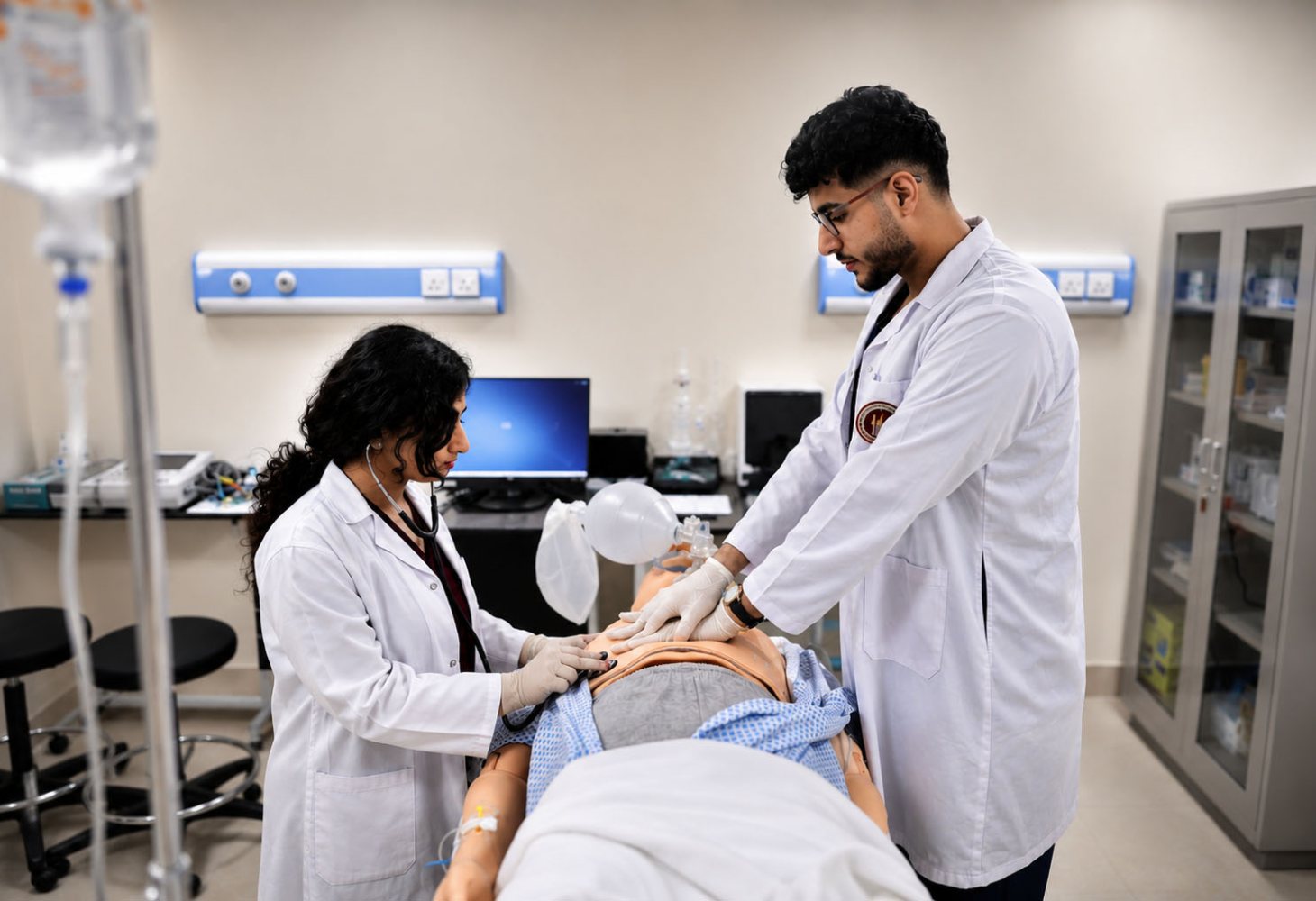 Two RAKMHSU medical students practising resuscitation on a patient simulator in the clinical simulation laboratory