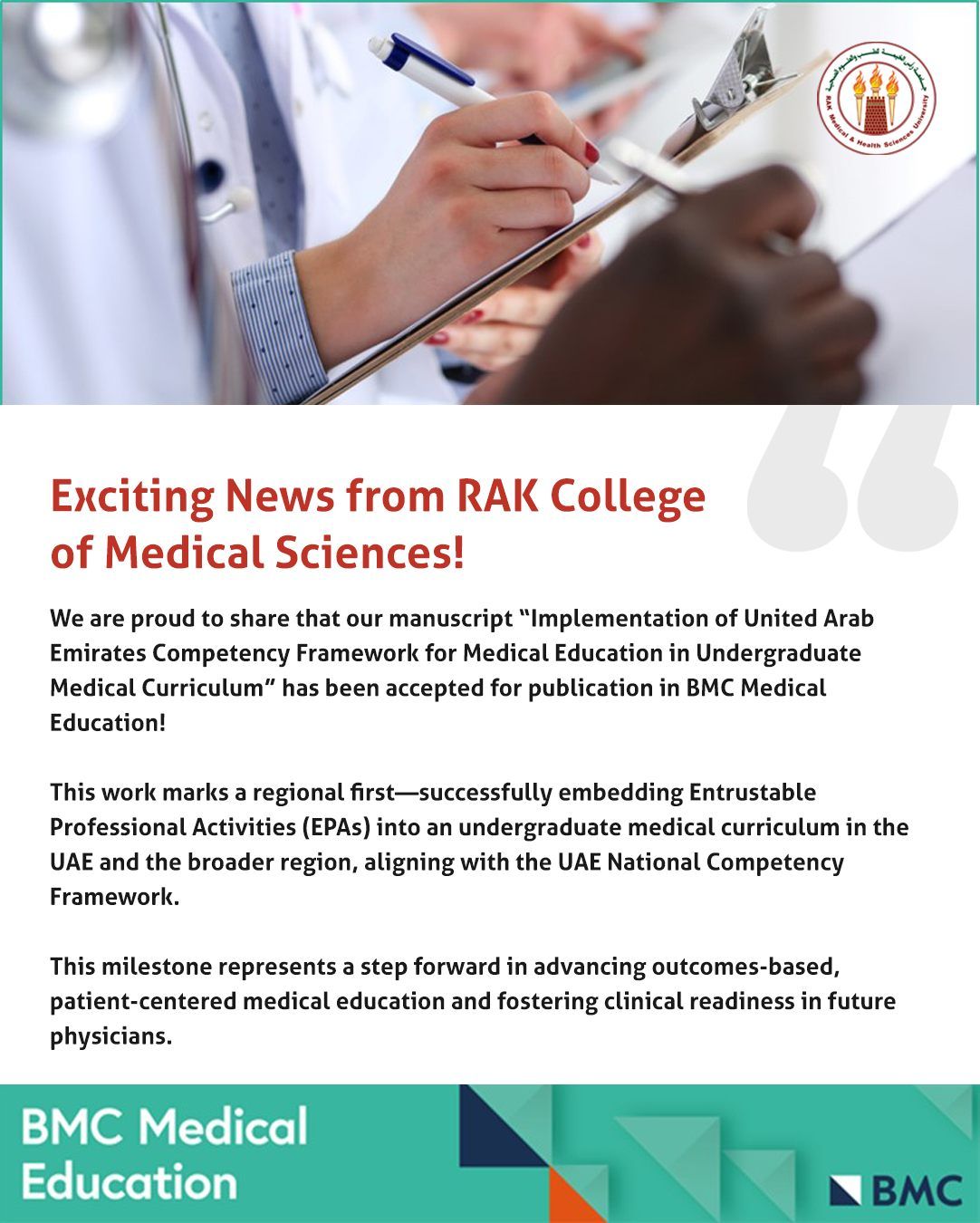 Our manuscript "Implementation of UAE Competency Framework for Medical Education in Undergraduate Medical Curriculum" has been accepted for publication in BMC Medical Education!