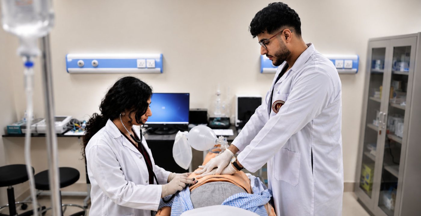Two RAKMHSU medical students in white coats practising resuscitation on a high-fidelity patient manikin in a simulation room, one performing chest compressions and one holding a bag valve mask