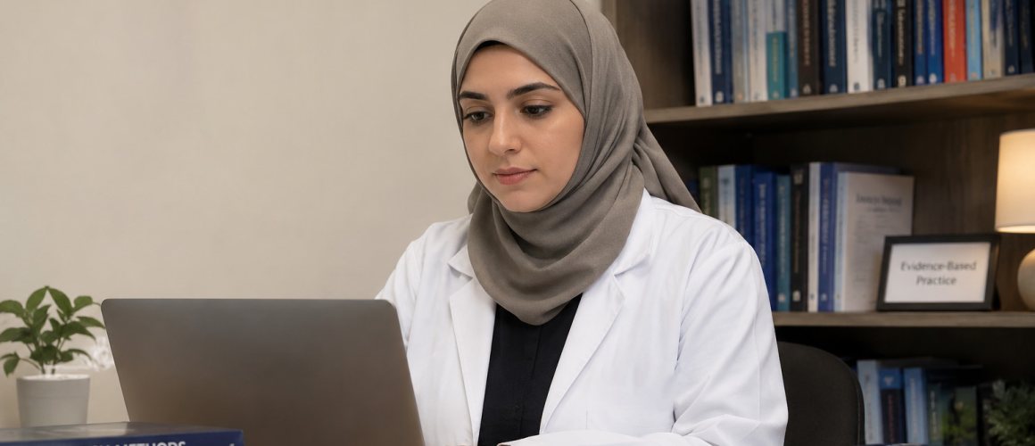 A nurse in a white coat working at a laptop in a study, with nursing research texts stacked beside her and an Evidence-Based Practice plaque on the shelves behind