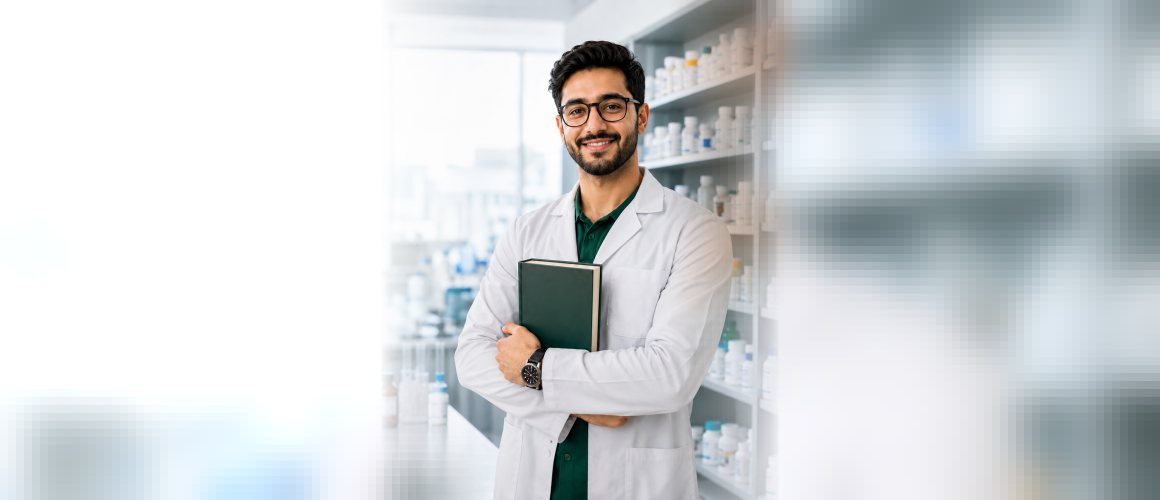 Pharmacist in a white coat holding a bound volume, standing in a bright dispensary in front of shelves of medicine bottles