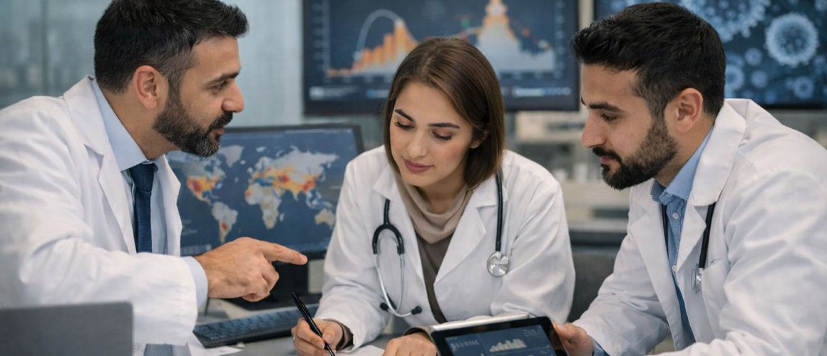 Three clinicians in white coats reviewing an outbreak analysis together, with an epidemic curve, a world incidence map and pathogen imagery on the screens behind them