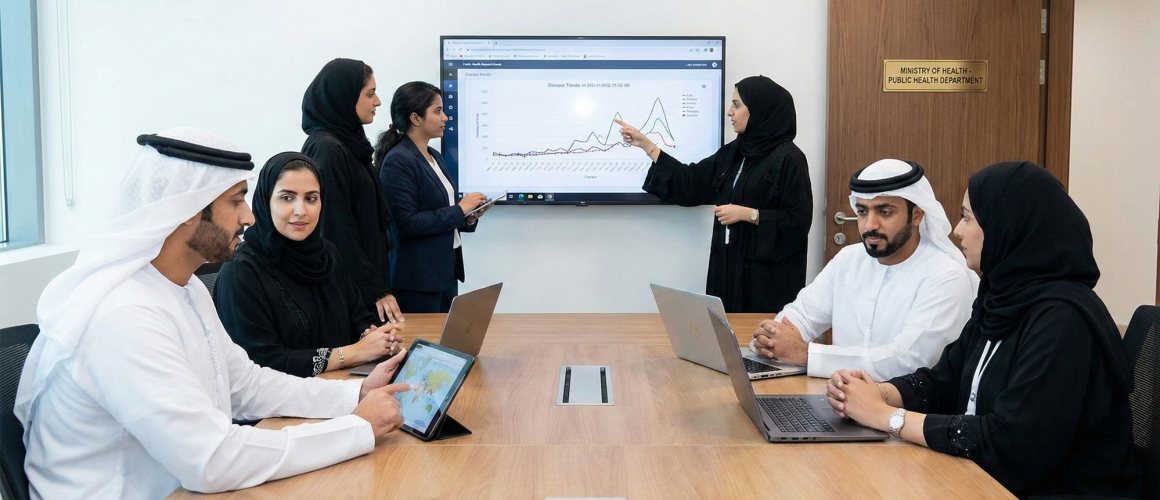 A public health team around a boardroom table at a Ministry of Health public health department, one colleague presenting a disease-trends dashboard on the wall screen while the others follow on laptops and a tablet