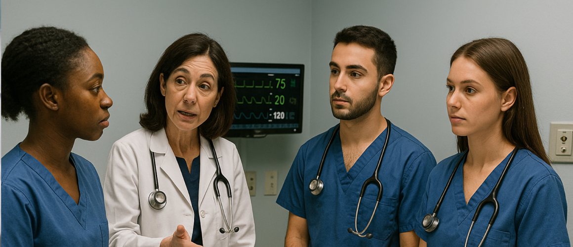 A clinical educator in a white coat teaching three colleagues in scrubs at the bedside, with a vital-signs monitor on the wall behind them