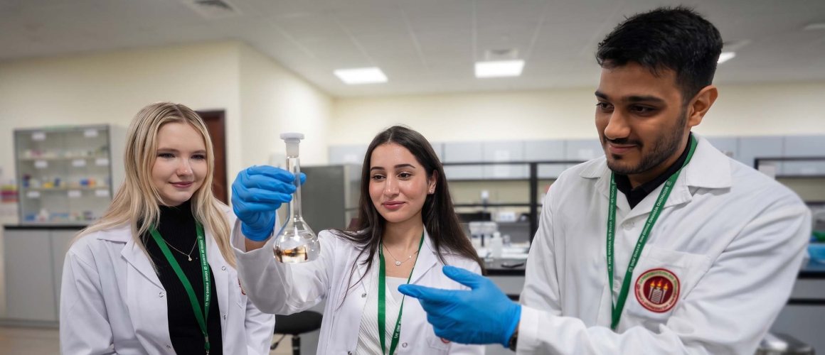 Three RAKMHSU pharmacy students in white coats examining a volumetric flask of solution held up to the light in a pharmaceutics laboratory, one pointing out the meniscus