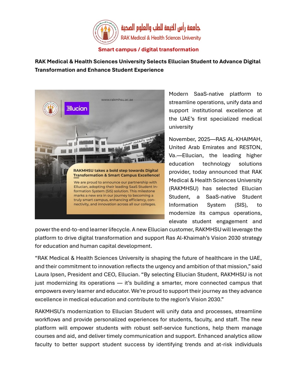 RAKMHSU takes a bold step towards Digital Transformation & Smart Campus Excellence — partnership with Ellucian