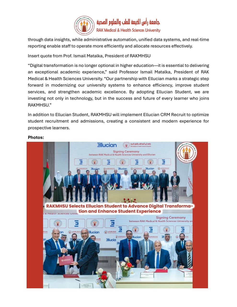 Signing ceremony between RAK Medical & Health Sciences University and Ellucian
