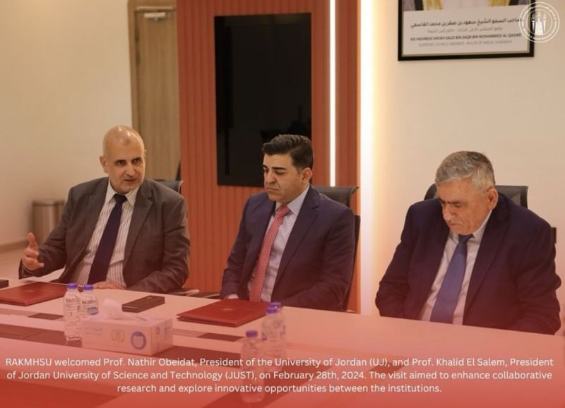 RAKMHSU welcomed Prof. Nathir Obeidat, President of the University of Jordan (UJ), and Prof. Khalid El Salem, President of Jordan University of Science and Technology (JUST), on February 28th, 2024. The visit aimed to enhance collaborative research and explore innovative opportunities between the institutions — photograph 1 of 4